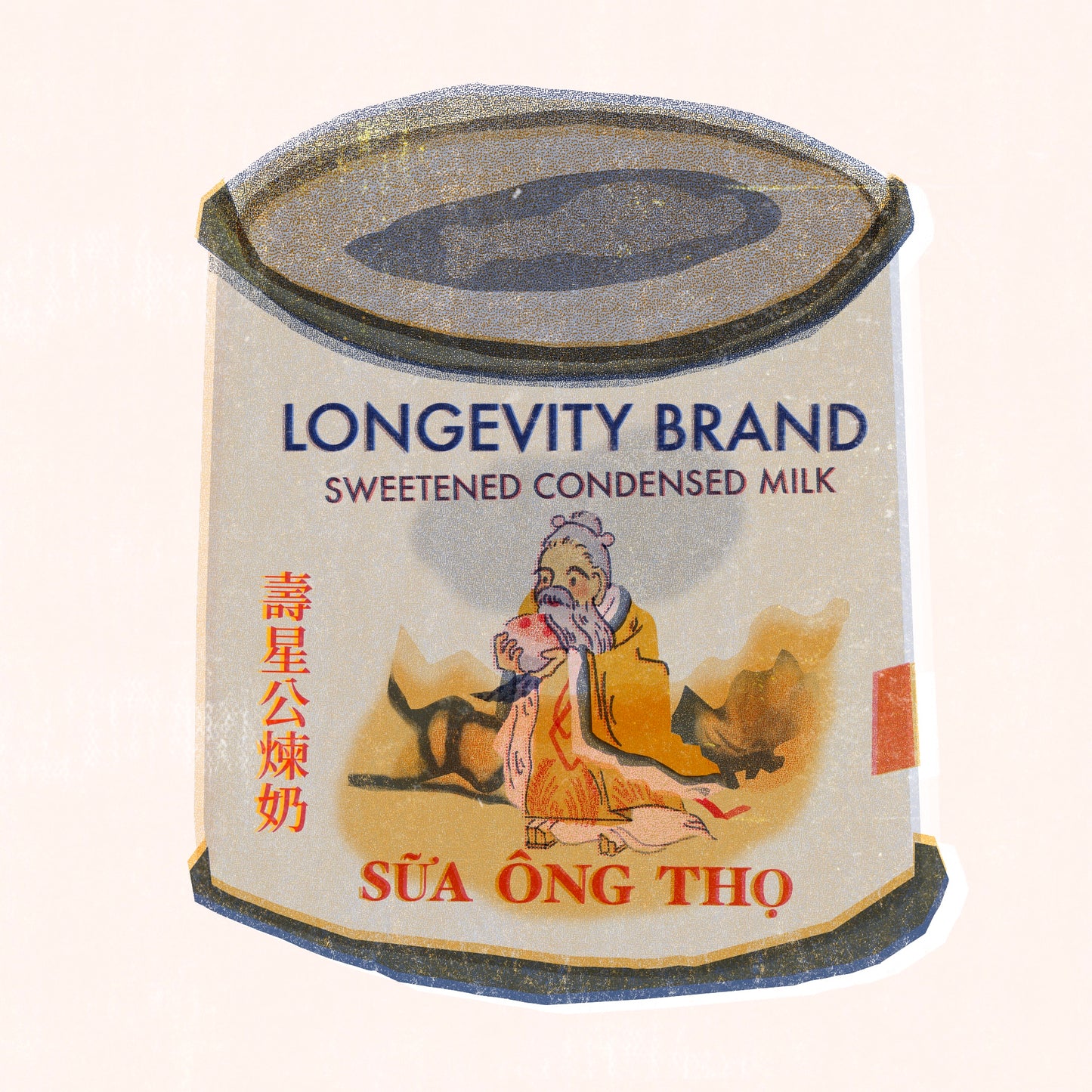 Longevity Sweetened condensed milk features a vintage illustrated Chinese-style deity in orange flowing robes against an abstract rust colored mountain backdrop. The can shows Vietnamese and Chinese red writing with the overall illustration revealing speckled riso print textures. 