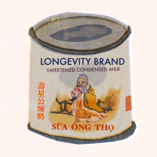 Longevity Sweetened condensed milk features a vintage illustrated Chinese-style deity in orange flowing robes against an abstract rust colored mountain backdrop. The can shows Vietnamese and Chinese red writing with the overall illustration revealing speckled riso print textures. 